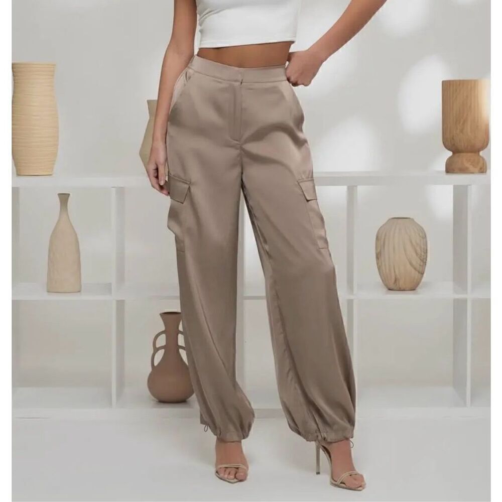 Taupe satin cargo joggers